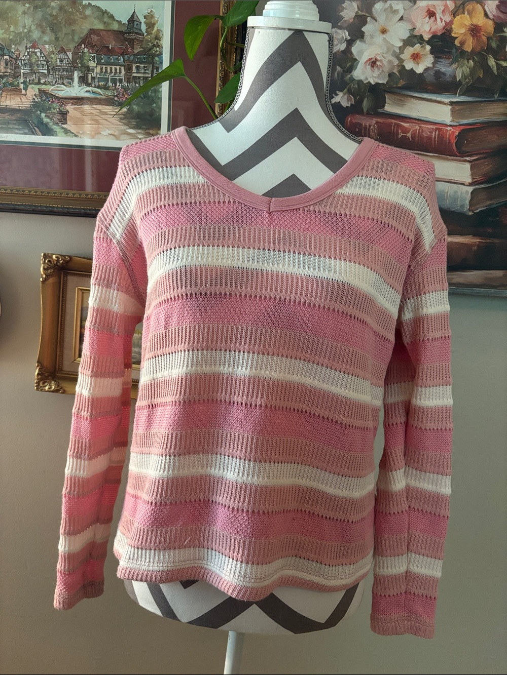 Francesca's Collections Pink and Cream Striped Open-Knit Sweater